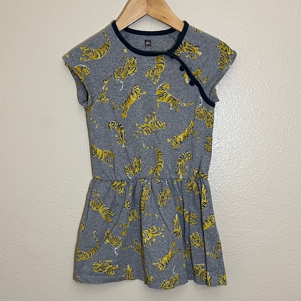 Tea Collection Gray Yellow Tiger Print Cotton Dress